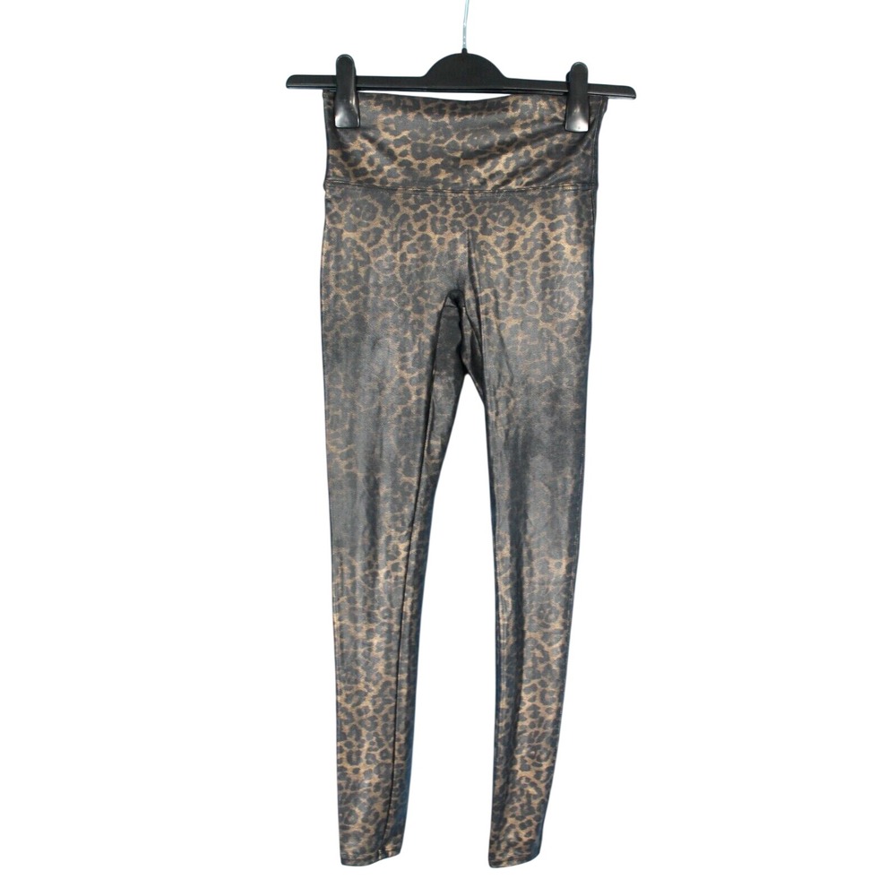 SPANX Black/Metallic Gold FAUX LEATHER Tummy Control PULL-ON Mid-Rise LEGGINGS M